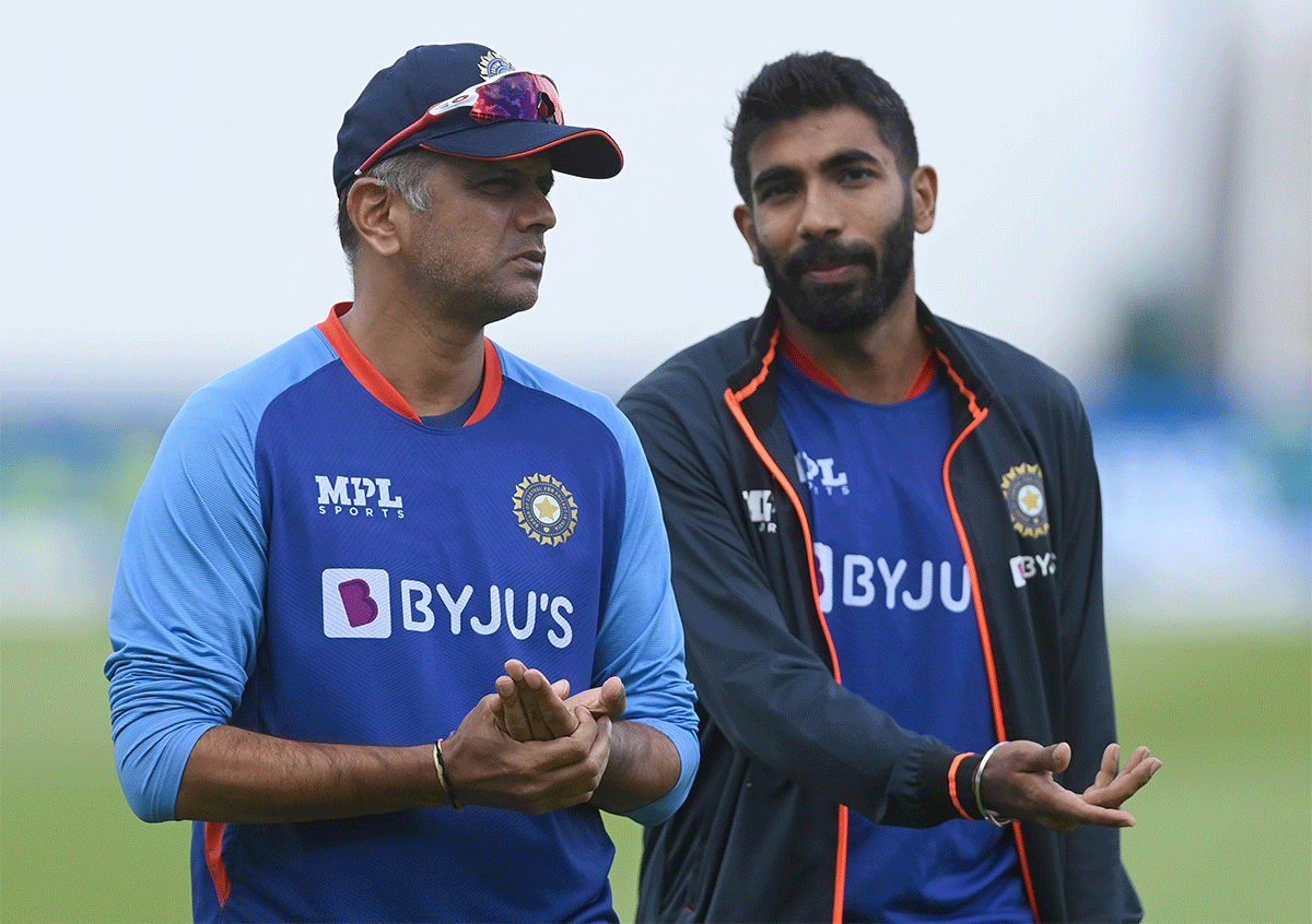 India's captain Rahul Dravid and coach Jasprit Bumrah in conversation during a practice session