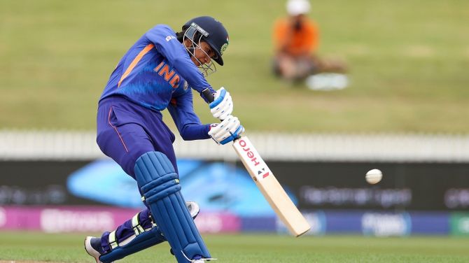 India opener Smriti Mandhana hit 13 fours and 2 sixes during her 123 off 199 balls in the Women's World Cup match against the West Indies, in Hamilton, on Saturday.