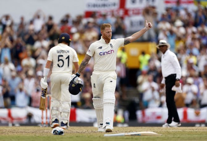 England's Ben Stokes celebrates completing a hundred during Day 2 of the second Test against the West Indies, at Kensington Oval, in Bridgetown, Barbados, on Thursday.