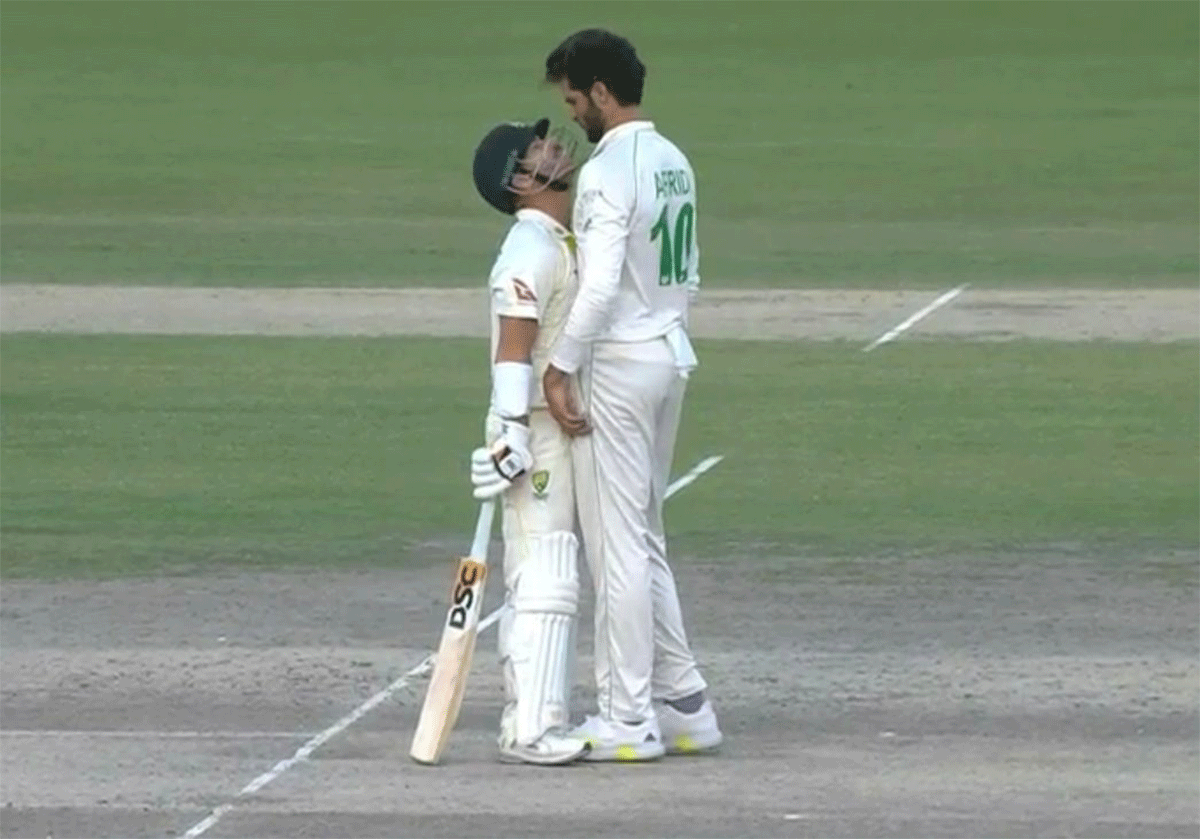 David Warner and Shaheen Shah Afridi have a stare down after the final ball of play on Day 3 of the 3rd Test between Pakistan and Australia in Lahore on Wednesday 