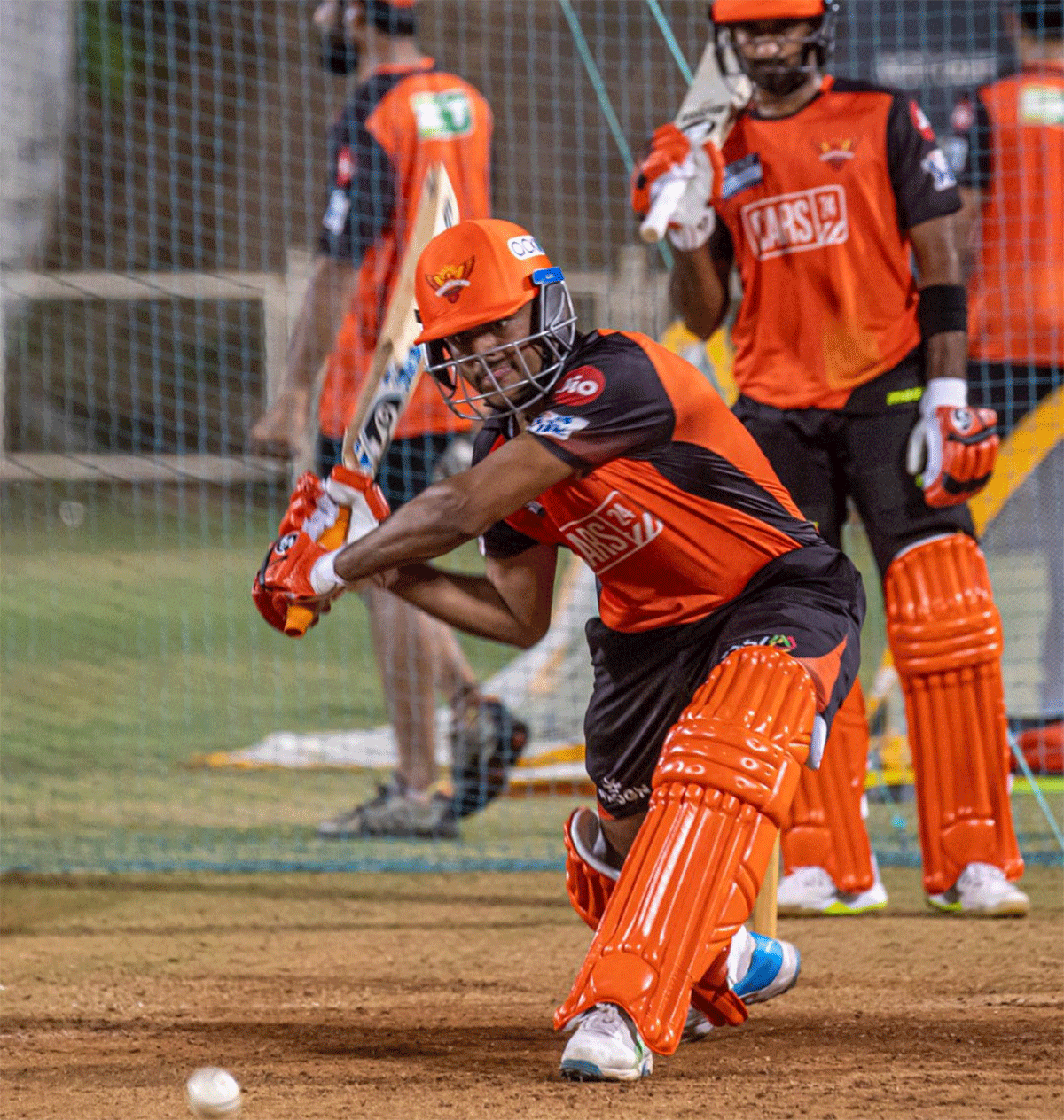 SunRisers Hyderabad's Priyam Garg bats in the nets. He will play against his former team on Tuesday