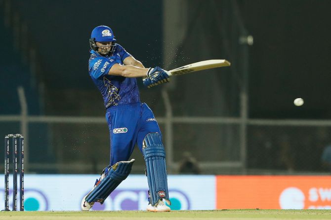 Tim David scored 44 off 21 balls, studded with 2 fours and 4 sixes, as Mumbai Indians overcame a middle order collapse to post a fighting total against Gujarat Titans in the IPL match at the Brabourne Stadium, in Mumbai, on Friday.