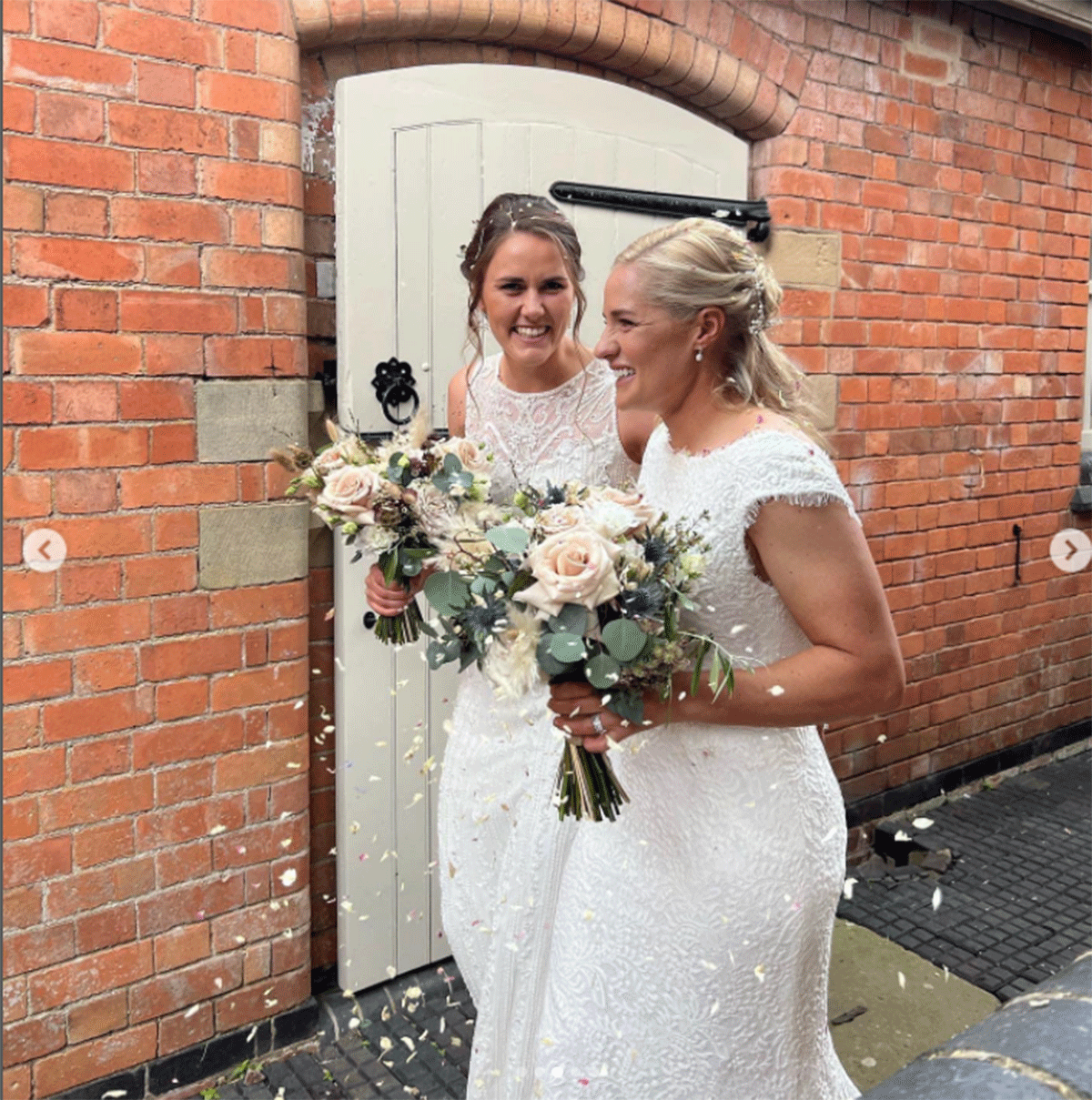 The newly-wedded England women cricketers, Natalie Sciver and Katherine Brunt are all smiles