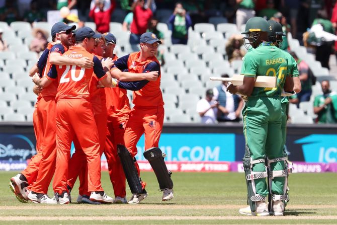 The Netherlands players celebrate victory over South Africa in the T20 World Cup Super 12 match, at the Adelaide Oval, on Sunday.