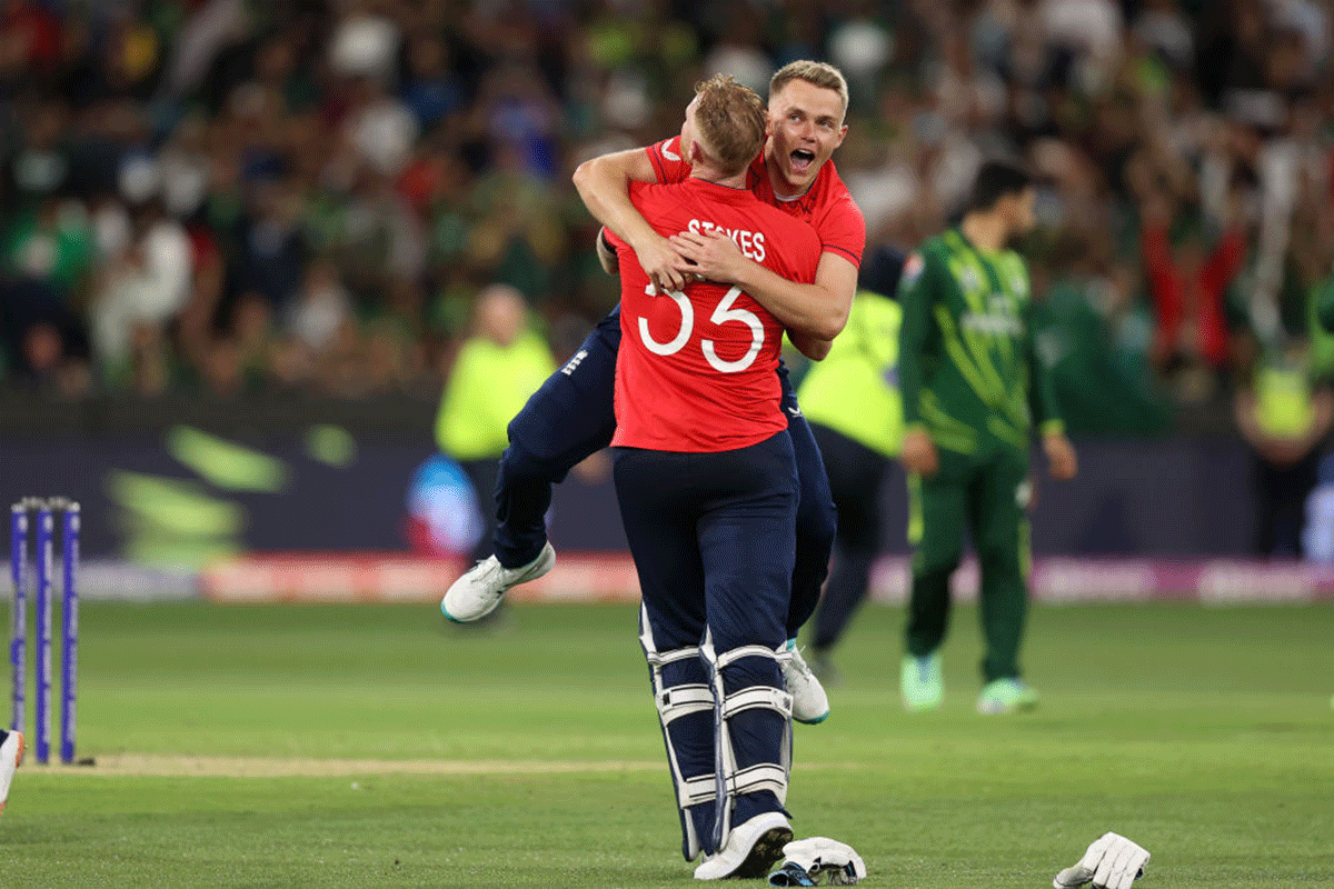 England's Ben Stokes and Sam Curran celebrate winning the ICC Men's T20 World Cup