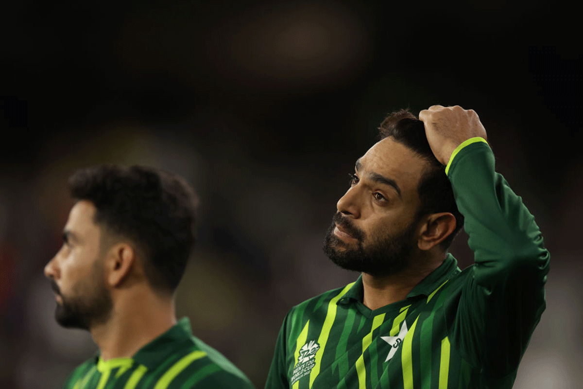 Pakistan's Haris Rauf looks on dejected after the T20 World Cup Final against England at the Melbourne Cricket Ground in Melbourne on Sunday. 