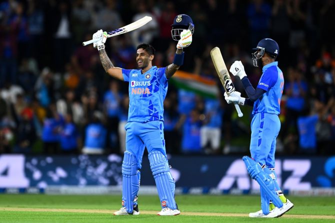 Suryakumar Yadav celebrates scoring a century during the second T20 International against New Zealand, at Bay Oval in Tauranga.