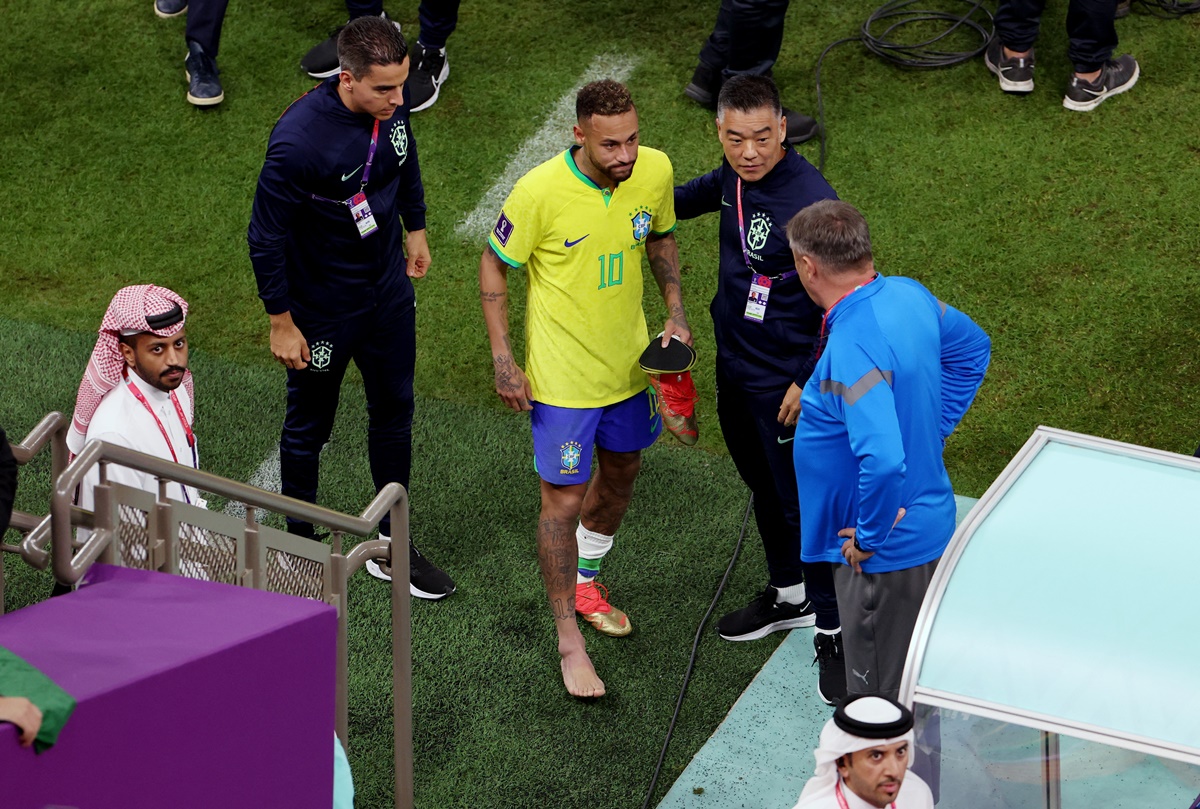 Neymar leaves the pitch with a visibly swollen ankle during the FIFA World Cup Group G match against Serbia, at Lusail Stadium, Lusail, Qatar, on Thursday.