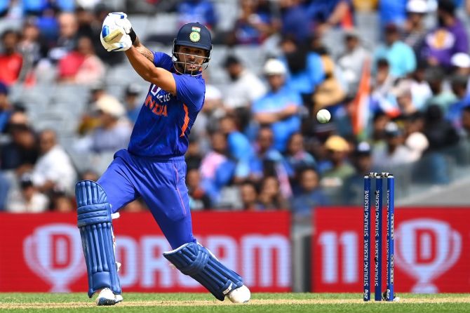 India opener Shikhar Dhawan bats during the first One-Day International against New Zealand, at Eden Park in Auckland, on November 25, 2022.