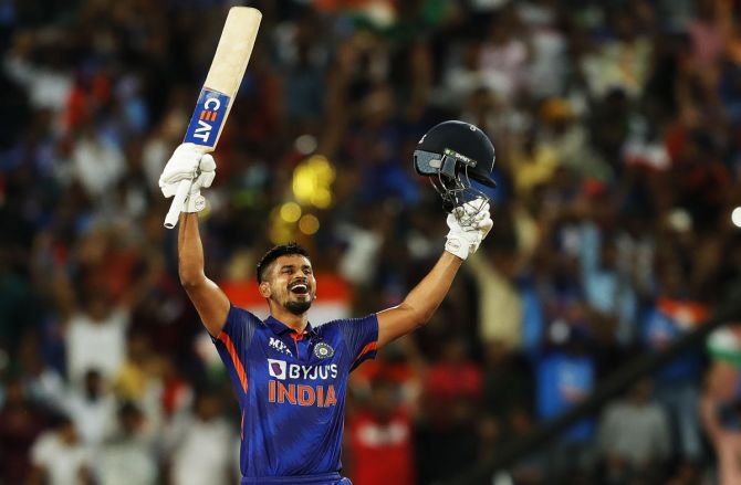 Shreyas Iyer celebrates after completing his century