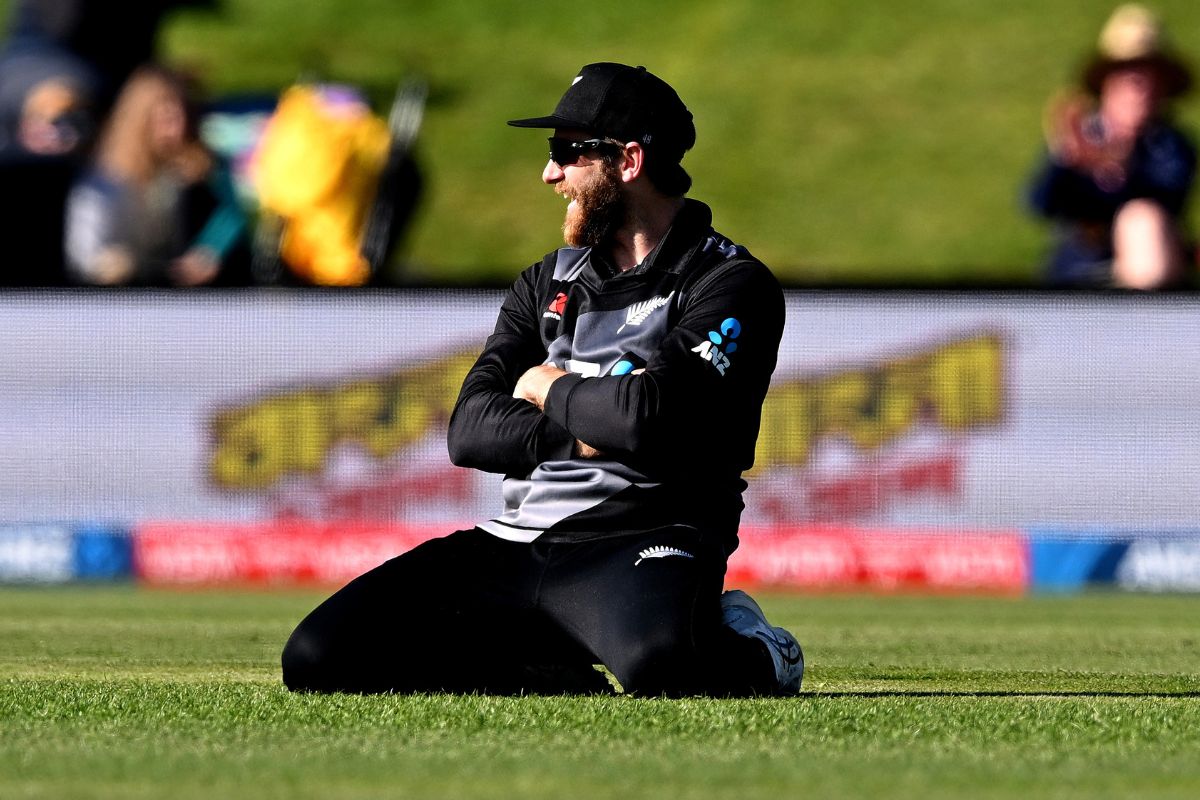 Kane Williamson of New Zealand reacts after catching the wicket of Babar Azam during the final of the T20 International series between New Zealand and Pakistan