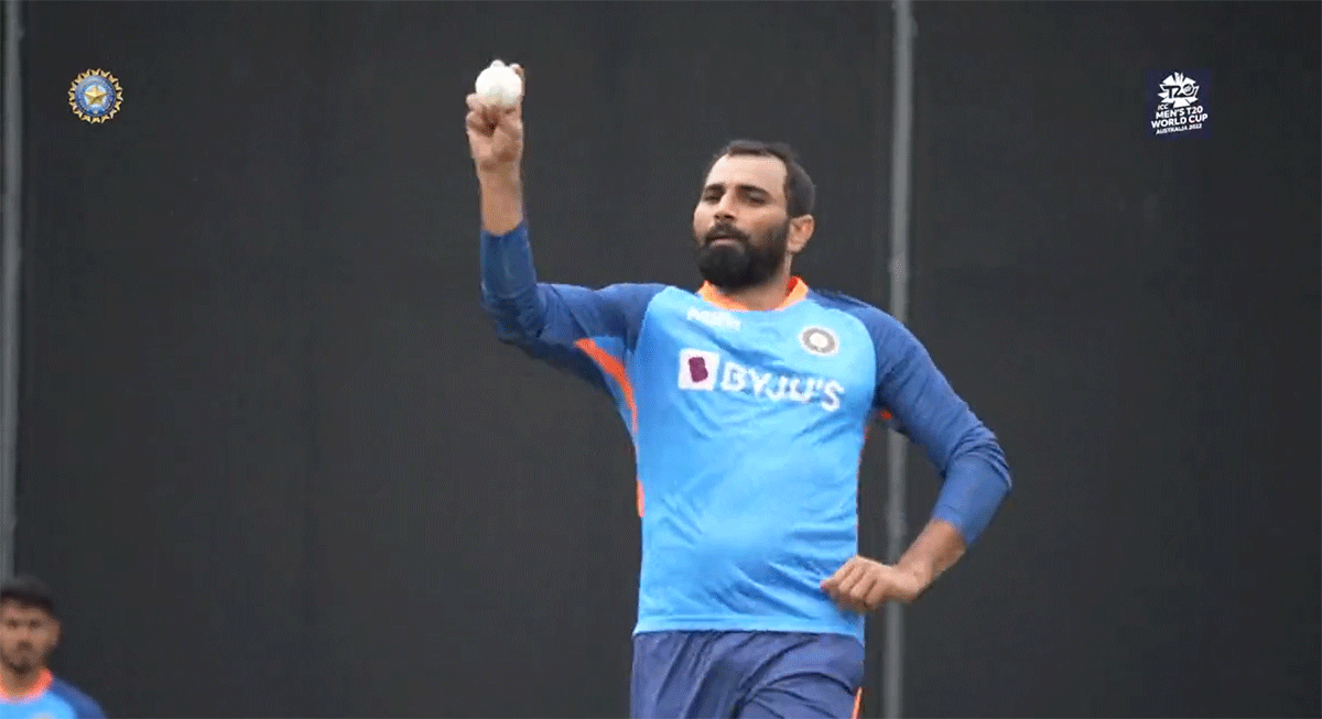 Mohammed Shami bowls in the nets at the Gabba in Brisbane on Sunday