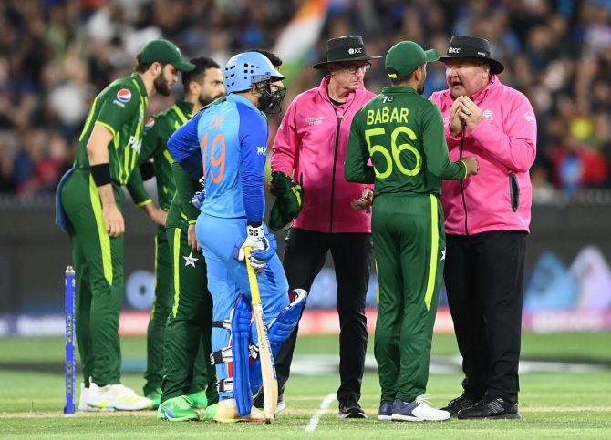 Babar Azam the captain of Pakistan speaks to the umpires after a no ball decision
