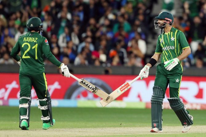 Pakistan's Mohammad Nawaz and Shan Masood during the ICC Men's T20 World Cup 2022 Super 12 Group 2 match