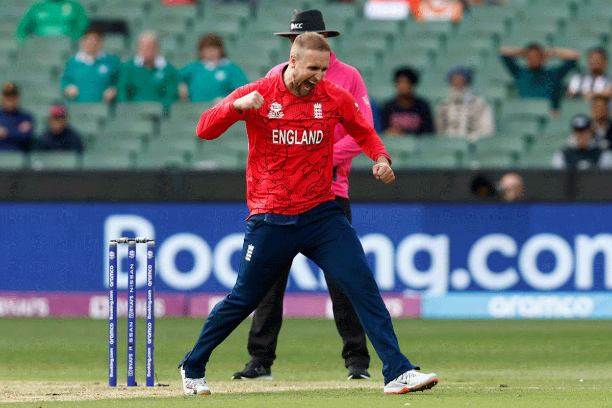 England's Liam Livingstone celebrates the wicket of Ireland's George Dockrell 