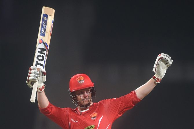 Gujarat Giants batter Kevin O'Brien celebrates completing his century during the Legends League match against India Capitals in Kolkata on Saturday.