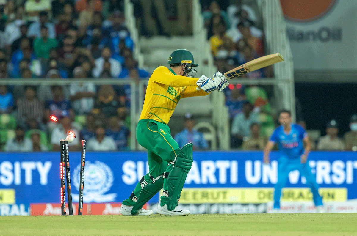 South Africa's Quinton de Kock is bowled by Arshdeep Singh