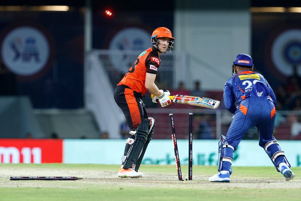 Sunrisers Hyderabad's Harry Brook is stumped by  Lucknow Super Giants wicketkeeper Nicholas Pooran during the Indian Premier League match in Lucknow on Friday.