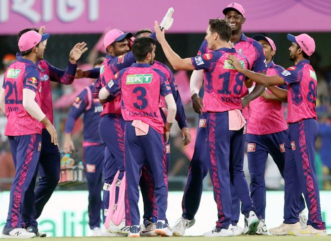Rajasthan Royals' players celebrate after Trent Boult dismissed Prithvi Shaw.