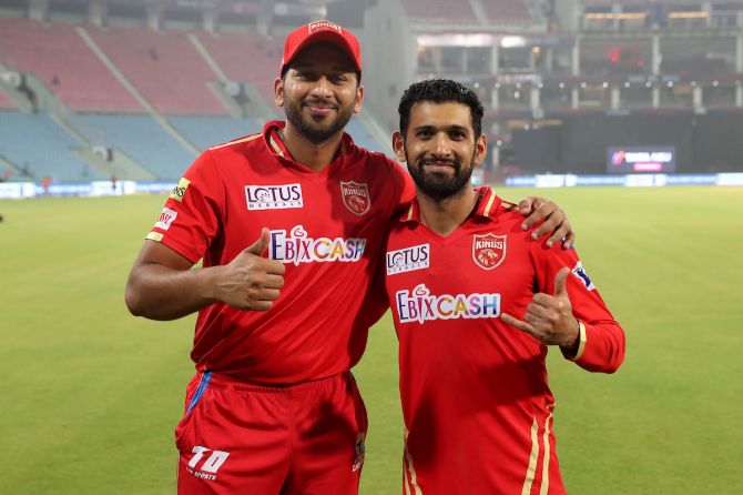 Shahrukh Khan and Sikandar Raza celebrate after steering Punjab Kings to a thrilling victory over Lucknow Super Giants in the IPL match in Lucknow on Saturday.