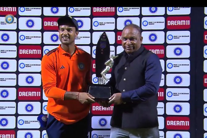 South Zone captain Mayank Agarwal with the Deodhar Trophy on Thursday