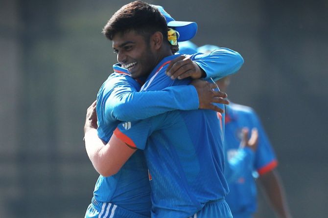 India's Raj Limbani celebrates after taking seven wickets against Nepal in the Under-19 Asia Cup in Dubal on Tuesday