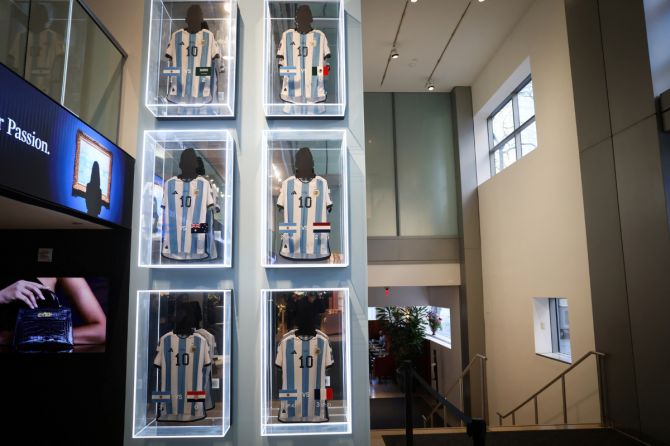 Six match shirts worn by Argentina's Lionel Messi during the 2022 FIFA World Cup in Qatar at Sotheby's in New York City, US.