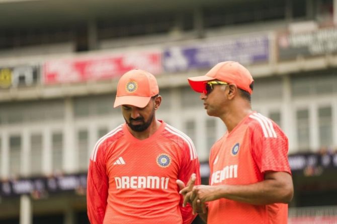 Indian captain KL Rahul and head coach Rahul Dravid in deep discussion at training on Saturday
