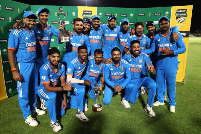 The Indian cricket team with the trophy after winning the ODI series in Paarl, South Africa, on Thursday