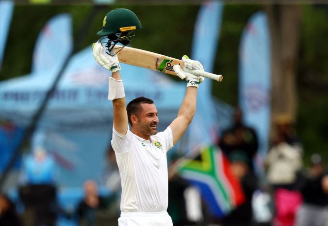 Dean Elgar celebrates completing his century in South Africa's first innings on Day 2 of the first Test against India, at  SuperSport Park, Centurion, on Wednesday.