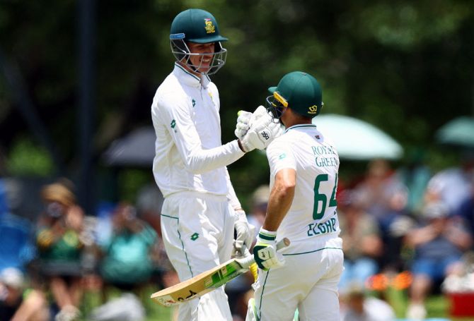 South Africa's Marco Jansen and Dean Elgar during their 111-run stand for the sixth wicket on Day 3 of the first Test against India at SpuerSport Park, Centurion on Thursday.