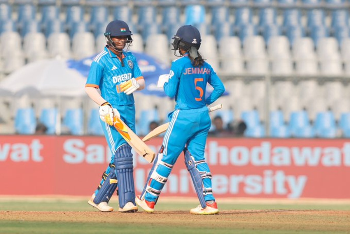 Pooja Vastrakar and Jemimah Rodrigues during their 68-run partnership in the One-Day International against Australia Women at the Wankhede stadium in Mumbai on Thursday.