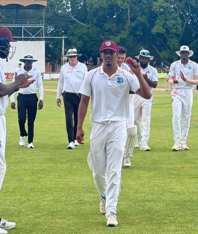 Gudakesh Motie walks back after recording the best ever Test match performance by a spinner for the West Indies in the second Test against Zimbabwe in Bulawayo on Tuesday.