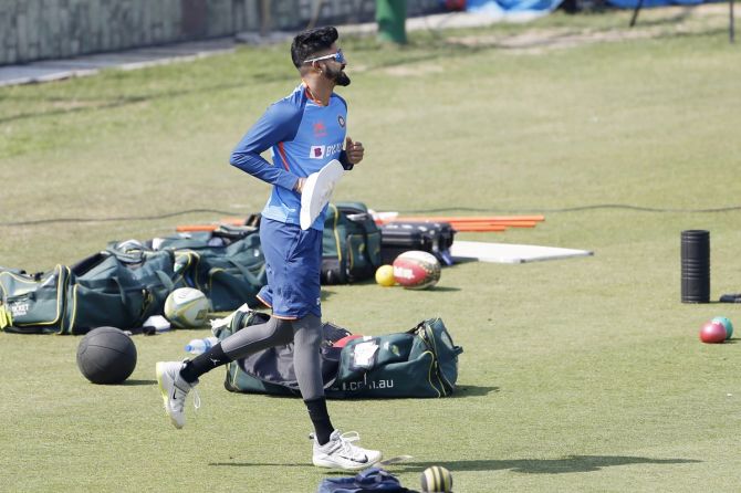 Shreyas Iyer trains during Team India's practice session ahead of the second Test against Australia, at Arun Jaitley Stadium, in New Delhi, on Wednesday.