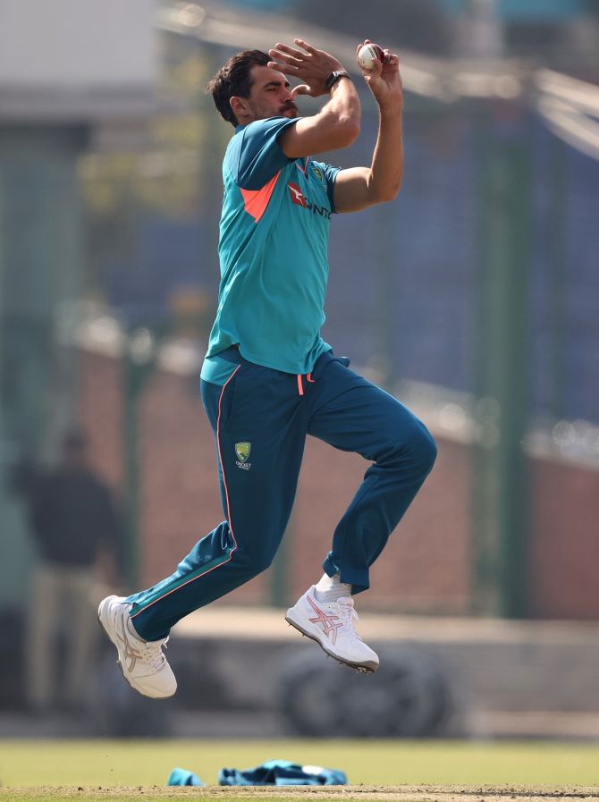 Pacer Mitchell Starc bowls during an Australia training session ahead of the second Test against India, at the Arun Jaitley Stadium, in Delhi, on Wednesday.