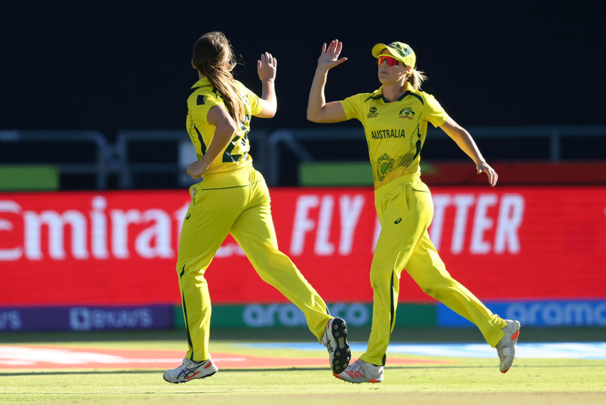 Australia's Darcie Brown celebrates the wicket of India's Richa Ghosh.