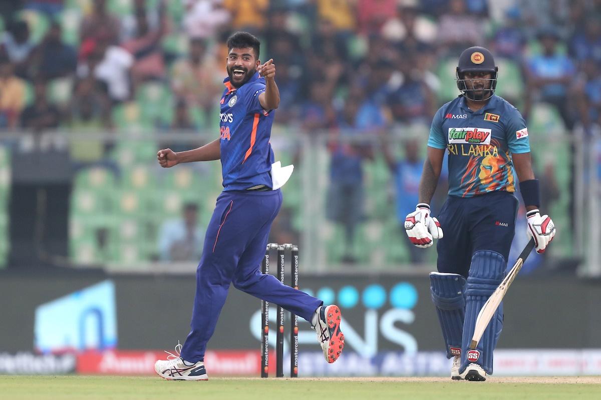 Mohammed Siraj celebrates after dismissing Avishka Fernando during the third ODI against Sri Lanka, at Greenfield International Stadium, Thiruvananthapuram, on Sunday.