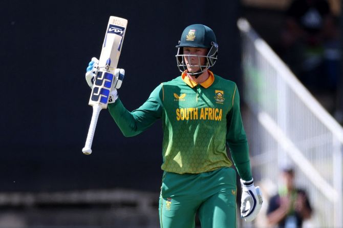 South Africa's Rassie van der Dussen acknowledges the applause from the crowd after completing his hundred.