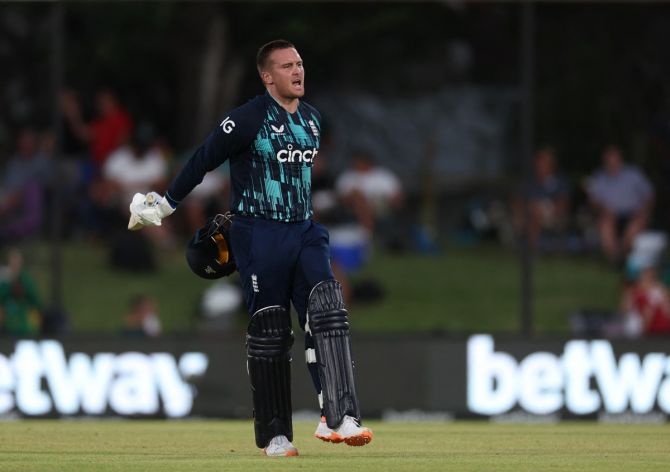 England opener Jason Roy celebrates scoring a hundred in the first ODI against  South Africa, at Manguang Oval, Bloemfontein, on Friday.
