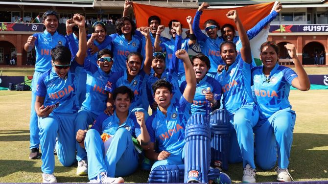 India's players celebrate after their thumping victory over England in the ICC women's Under-19 T20 World Cup final in Potchefstroom, South Africa, on Sunday.
