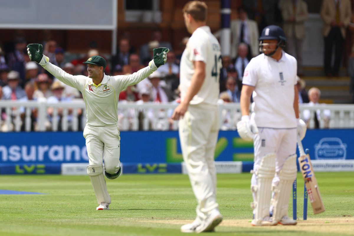 Australia's Alex Carey celebrates after running out England's Jonny Bairstow during the 2nd Ashes Test at Lords's on Sunday 