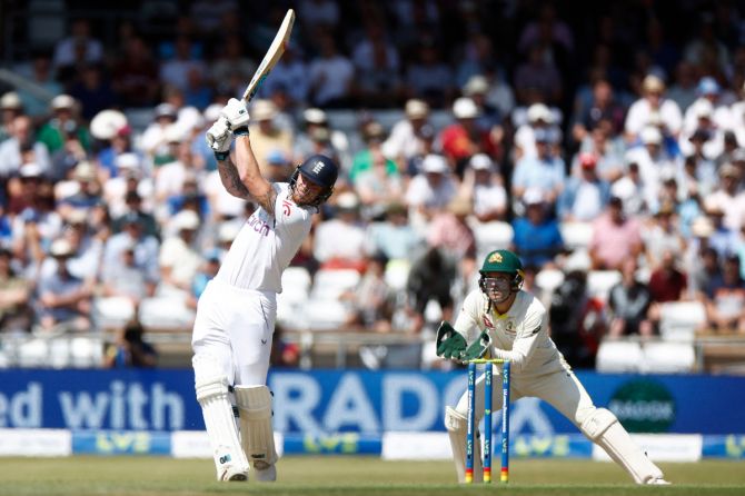 England's Ben Stokes hits a six off the bowling of Australia's Todd Murphy