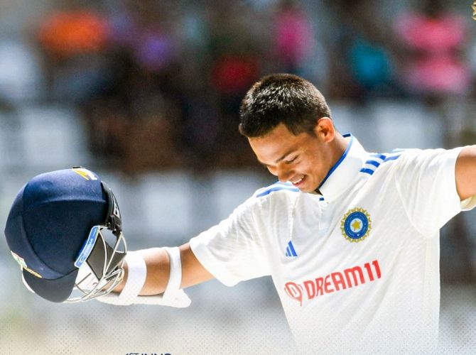 Yashasvi Jaiswal takes a bow after registering his debut hundred