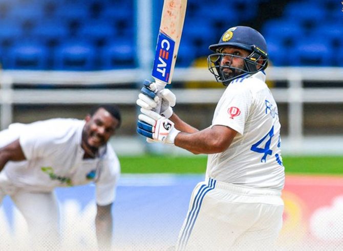 Rohit Sharma (57 off 44) had smashed his fastest Test fifty off 35 balls in the morning session after India bowled out the West Indies for 255 in their first innings.