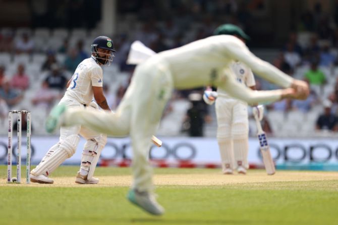 Steve Smith grabs a screamer at slips to dismiss Virat Kohli on Day 5 of the WTC final at the Oval in London on Sunday