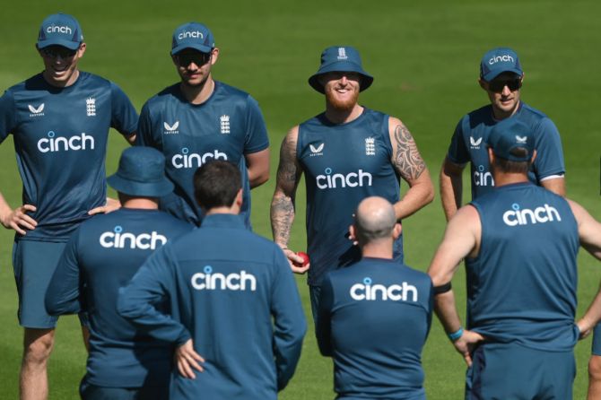 England captain Ben Stokes speaks to his players during a nets session ahead of the Ashes series against Australia at Edgbaston in Birmingham, England, on Wednesday