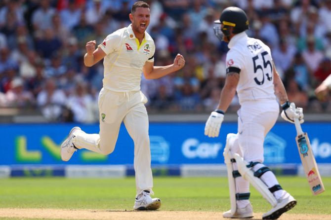 Australia's Josh Hazlewood celebrates after taking the wicket of England's Ben Stokes