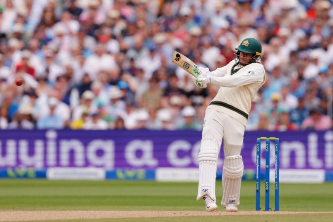 Australia's Usman Khawaja plays the pull shot