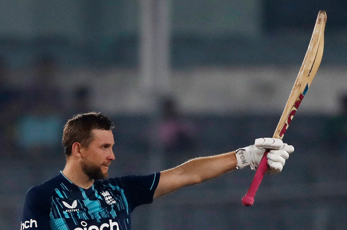 England's Dawid Malan celebrates on scoring a century against Bangladesh, his 4th in ODIs, in the opening One-dayer in Mirpur on Wednesday.