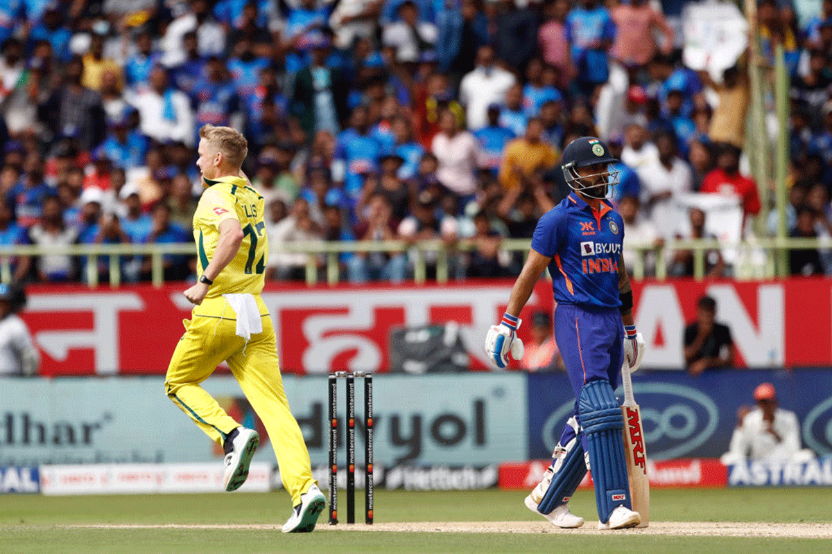 Nathan Ellis celebrates the wicket of Virat Kohli